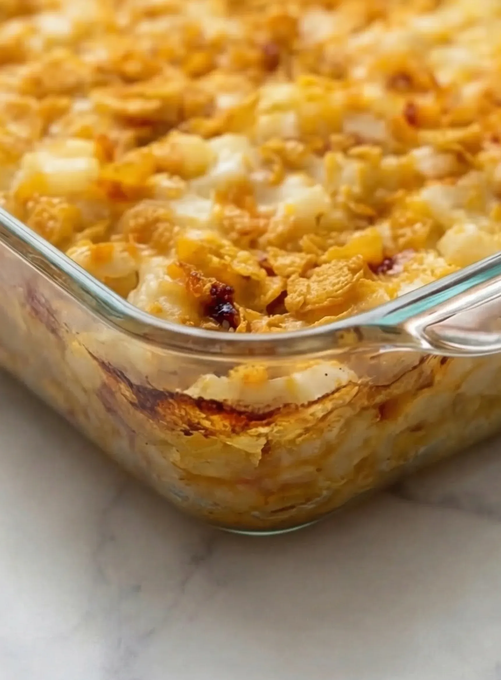 Baked potato casserole showing layers of creamy potatoes and toasted cornflake topping