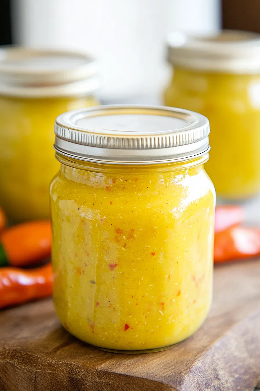 A rustic kitchen scene with a jar of homemade hot pepper mustard, surrounded by fresh peppers.