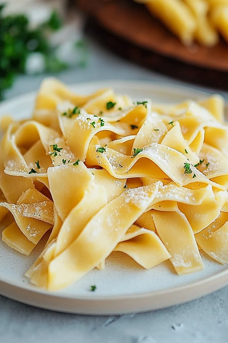 Hearty noodles piled high in a serving dish, ready to enjoy.