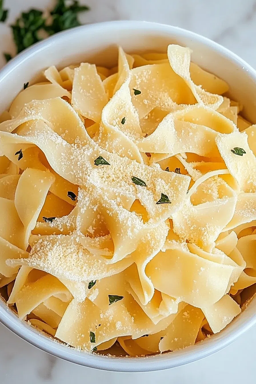 A delicious serving of homemade Amish noodles on a white plate, garnished with fresh parsley.