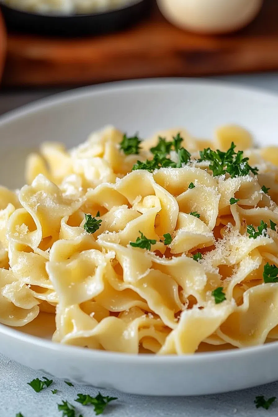 A comforting bowl of Amish noodles, showcasing their rich texture and vibrant color.