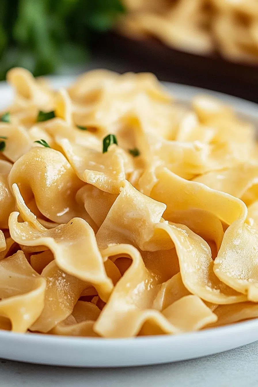 A close-up of a bowl filled with golden, perfectly cooked Amish noodles."