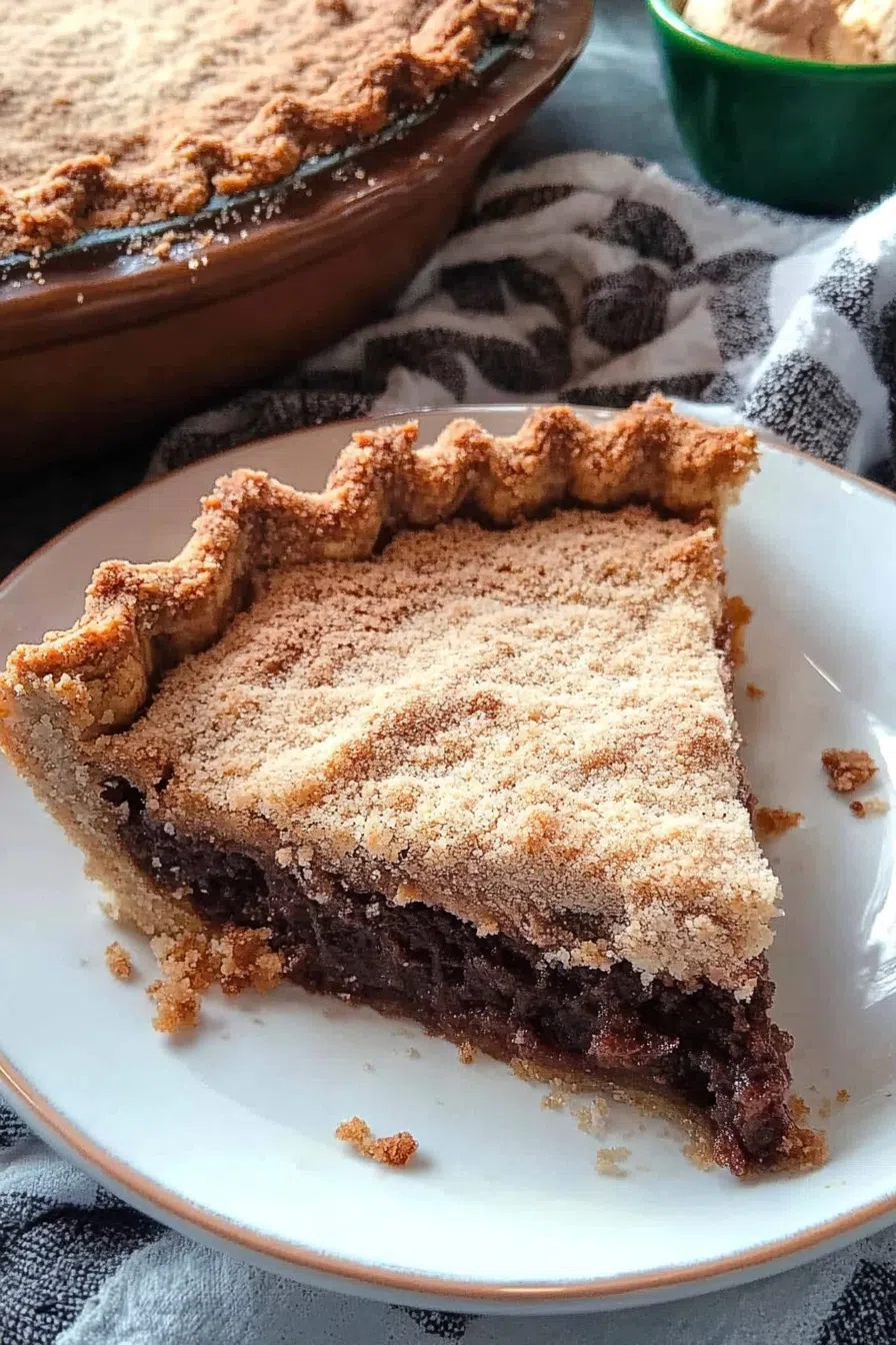 An overhead view of a perfectly baked shoofly pie, with a golden, crumbly crust.
