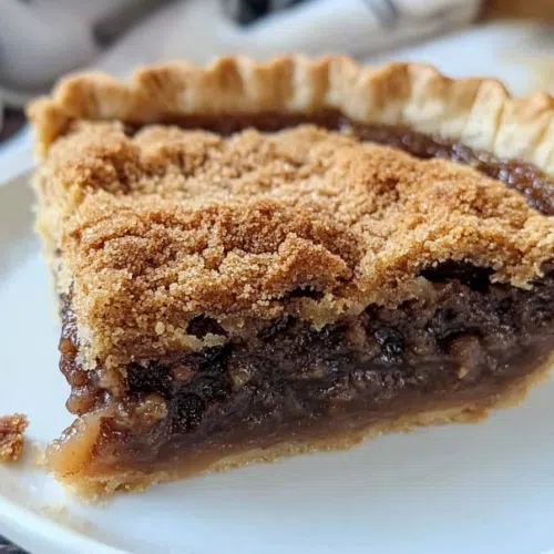 Close-up of a shoofly pie showing its crumbly topping and luscious filling.