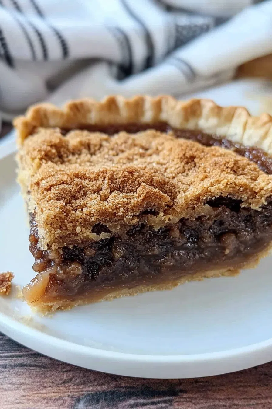 Close-up of a shoofly pie showing its crumbly topping and luscious filling.