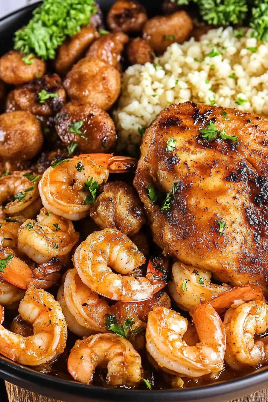 Perfectly seared chicken and shrimp glazed with a savory sauce, accompanied by sautéed vegetables.