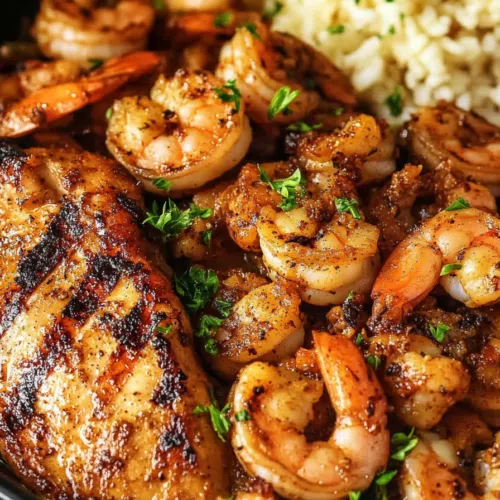 Tender shrimp and juicy chicken arranged beautifully on a rustic skillet with side dishes.