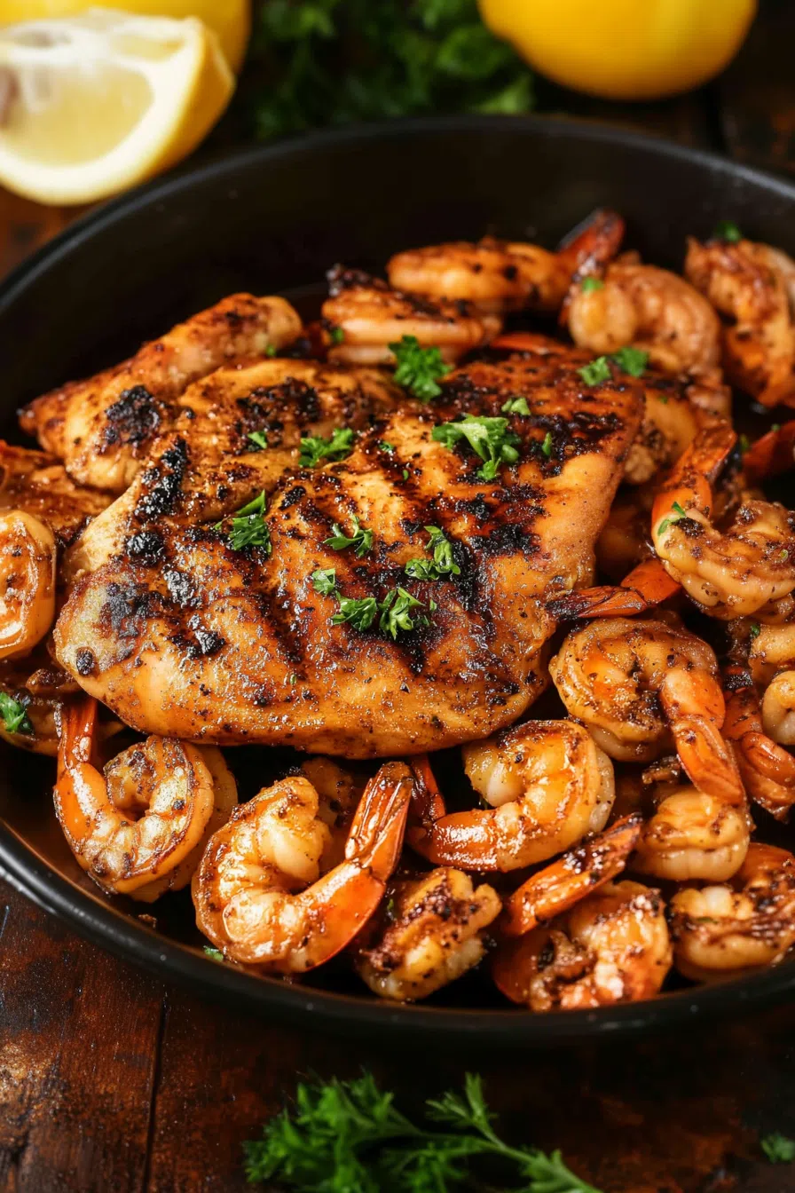 Deliciously cooked Bourbon Street Chicken and Shrimp on a hot skillet.