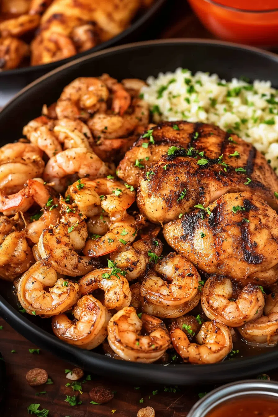 Juicy chicken and succulent shrimp in a rich, flavorful sauce."