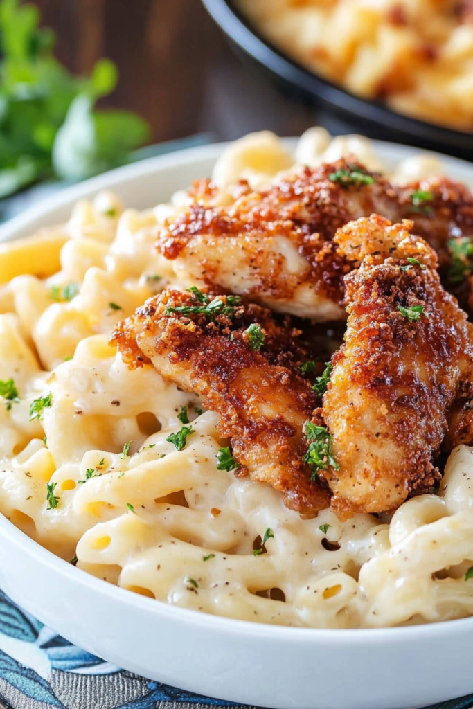 Creamy mac and cheese topped with crispy honey-glazed chicken and a drizzle of honey mustard sauce.