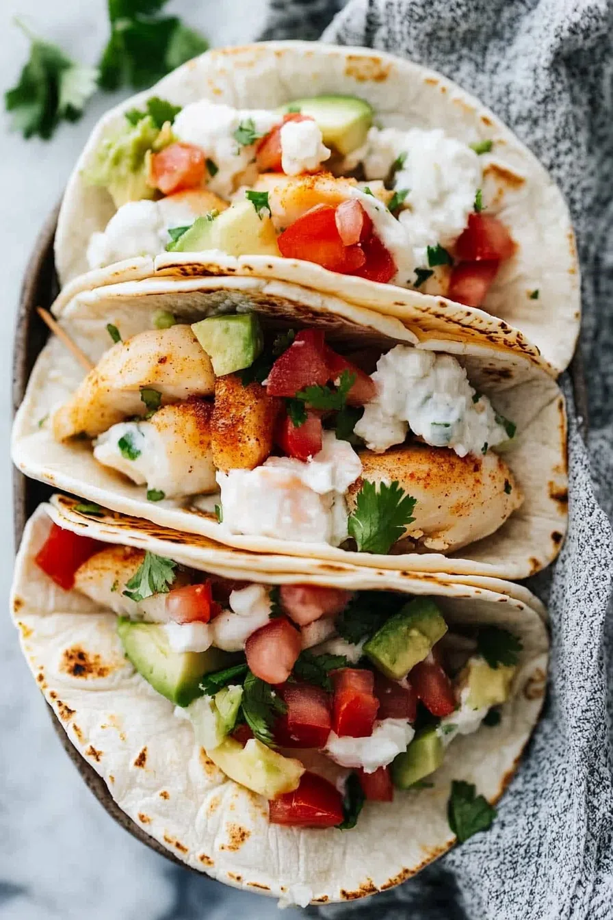 Close-up of a fish taco, showcasing the crispy fish fillet, fresh veggies, and tangy sauce.