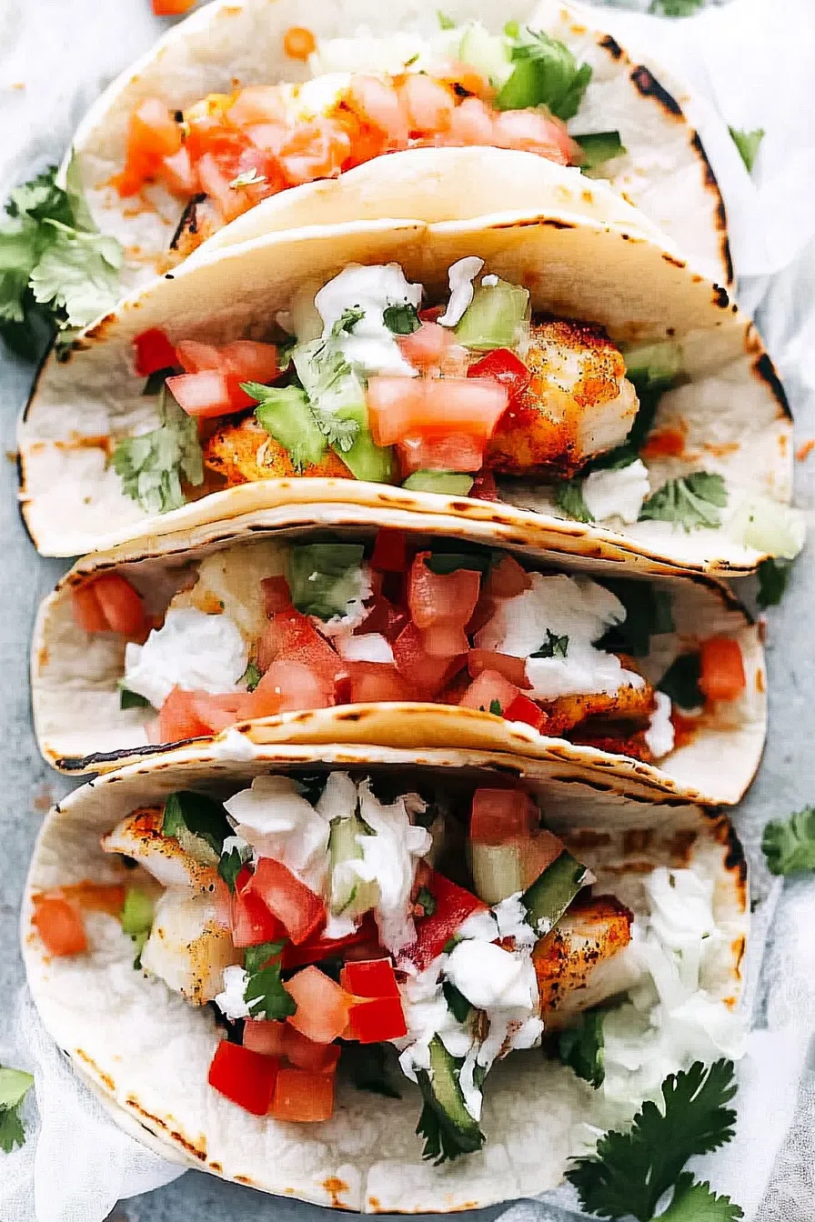 A trio of fish tacos on a rustic wooden board, with colorful toppings and a side of salsa.