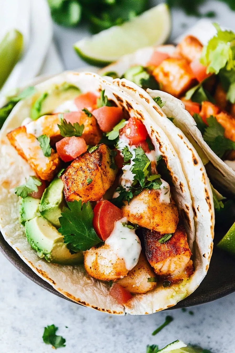 A beautifully arranged plate of fish tacos, garnished with lime wedges and cilantro.