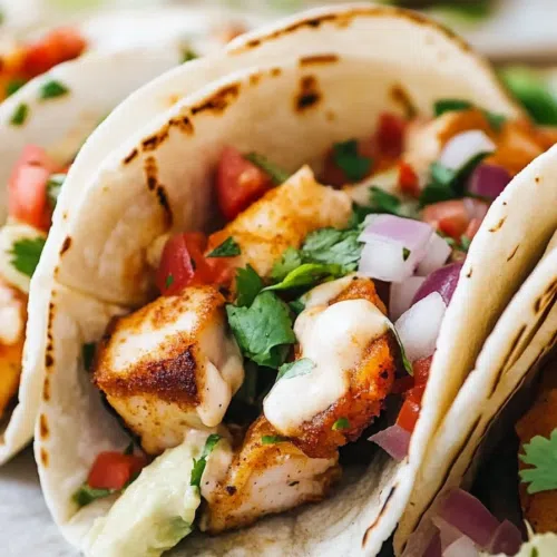 A vibrant serving of fish tacos, topped with fresh cabbage slaw and drizzled with creamy sauce.