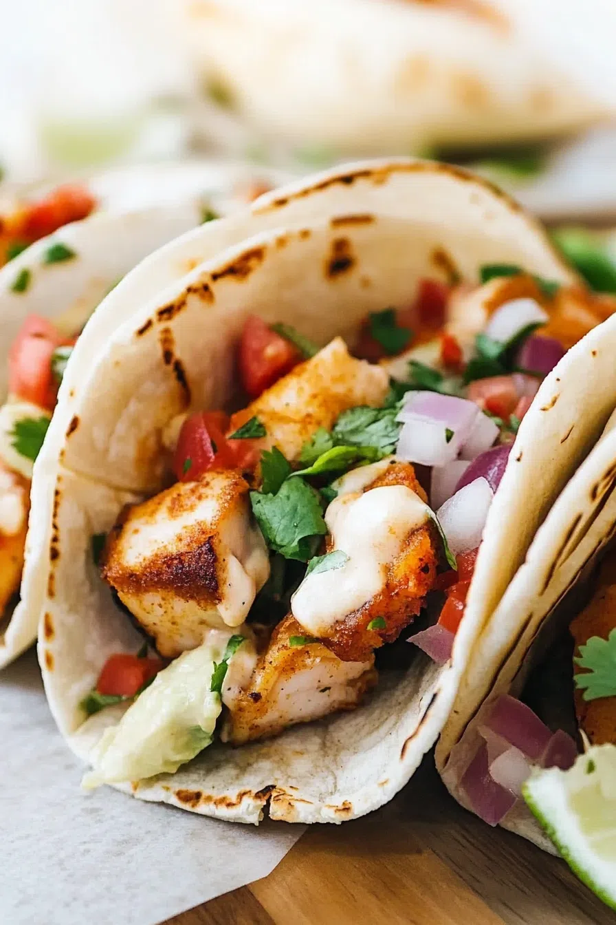 A vibrant serving of fish tacos, topped with fresh cabbage slaw and drizzled with creamy sauce.