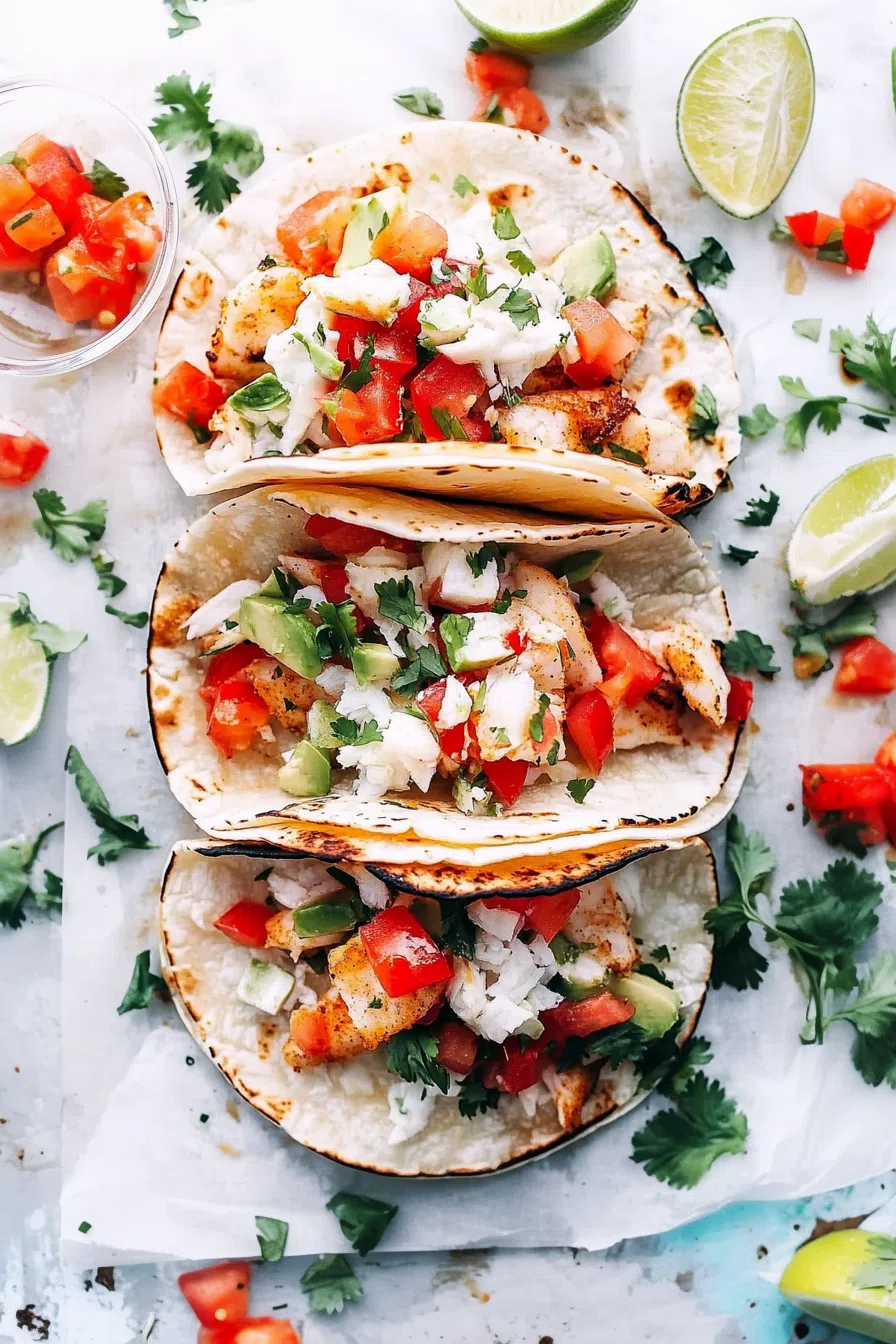 Overhead view of fish tacos, with a burst of colors from the fresh ingredients and garnishes.