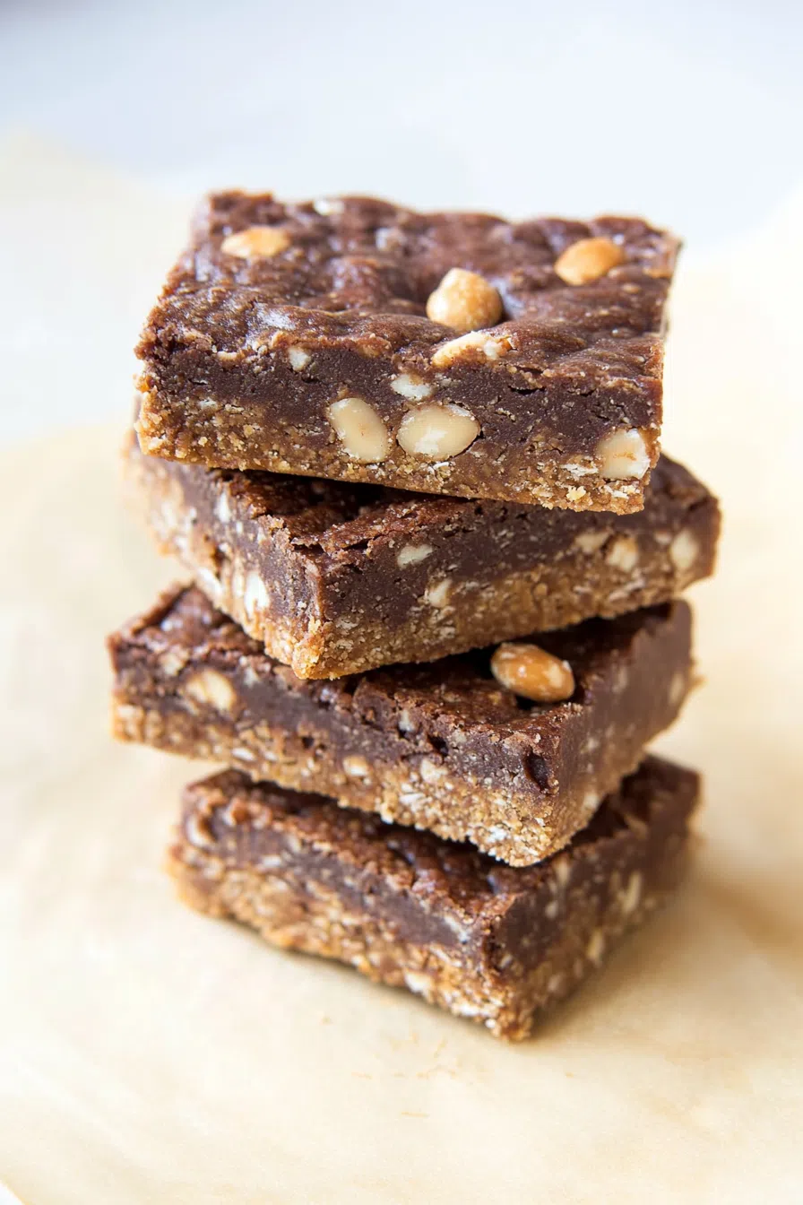 A stack of golden-brown baked protein bars, neatly arranged on a white plate, ready to be served.