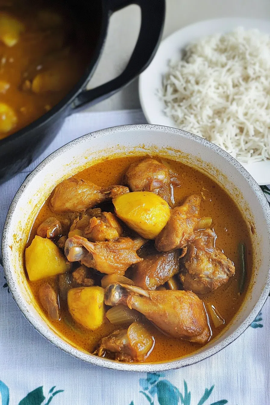 A bowl of chicken curry with tender pieces of chicken in a rich, spiced gravy, garnished with fresh cilantro.