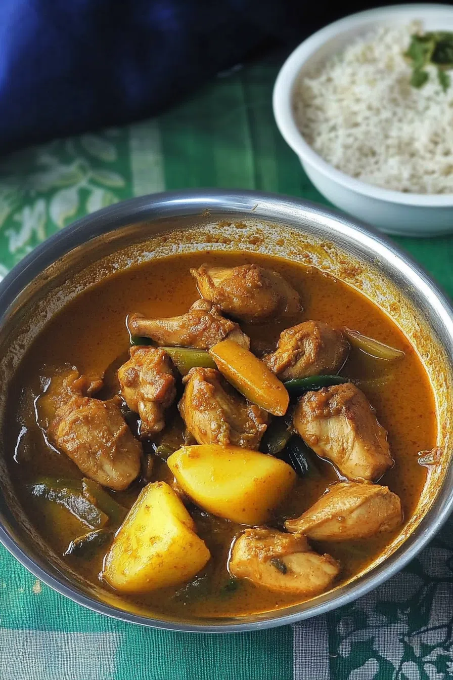 Golden curry with chicken and potatoes in a traditional earthenware bowl on a rustic table.