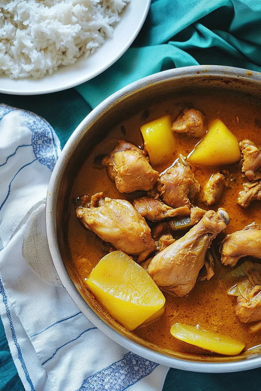 Close-up of a steaming chicken curry served with basmati rice on the side.