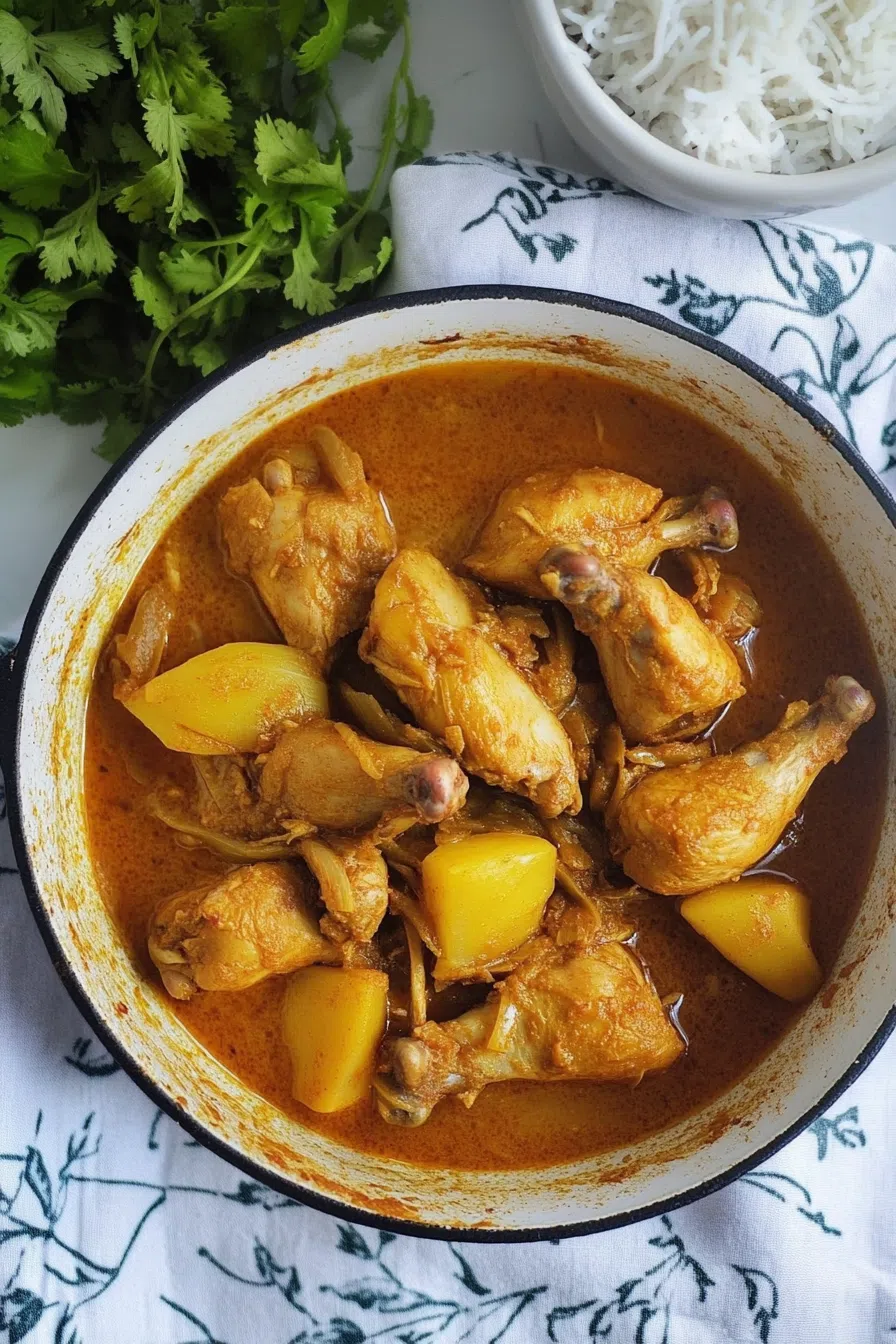 A vibrant chicken curry garnished with fresh coriander leaves, surrounded by spices and herbs.