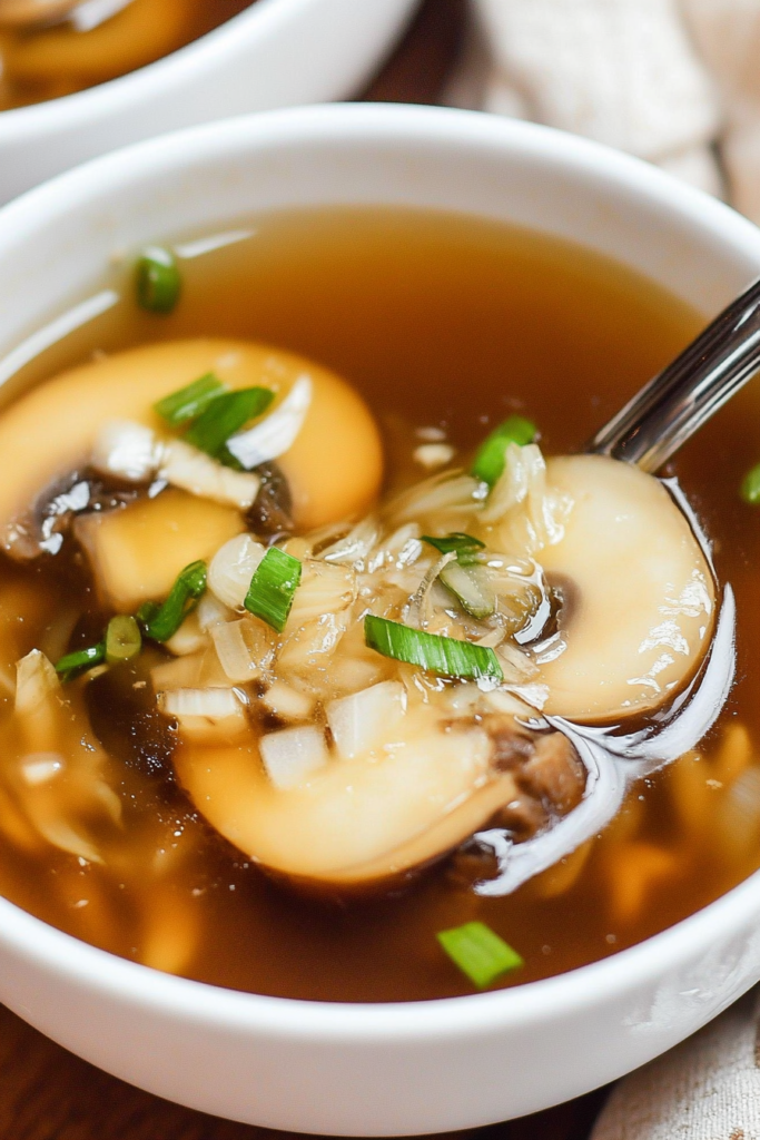 A bowl of clear onion soup, garnished with sliced green onions and a few fried onions on top.