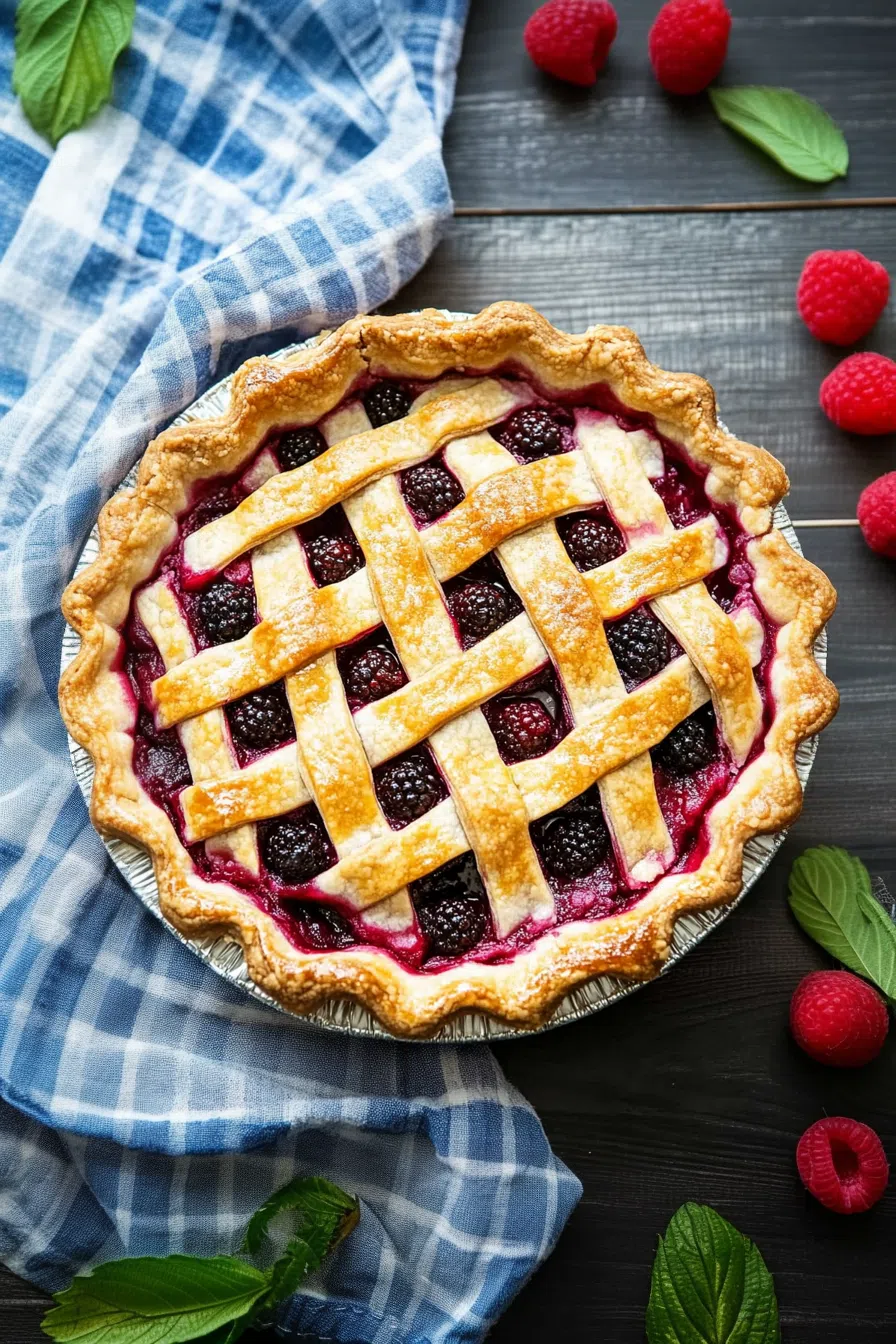 A whole black raspberry pie with a crisp lattice crust, placed on a dark wooden table, accented with scattered raspberries and vibrant green leaves.