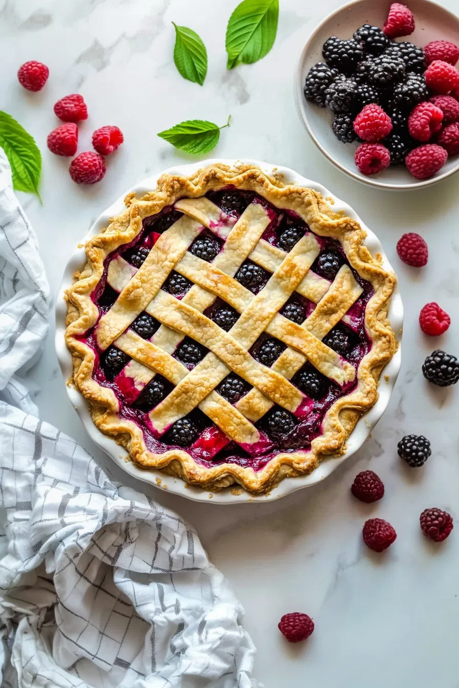 A freshly baked black raspberry pie with a crimped crust edge, artfully displayed with a striped white napkin and fresh raspberries for decoration.
