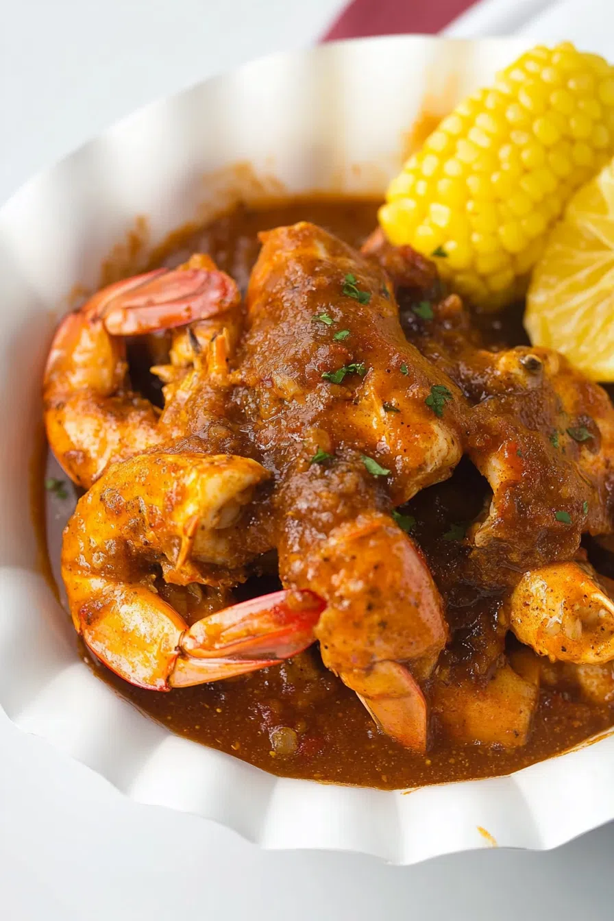 Sauce-coated shrimp and crab legs piled high on a platter.