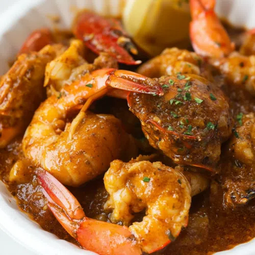 A bowl of vibrant boiling crab sauce garnished with a sprinkle of fresh parsley.
