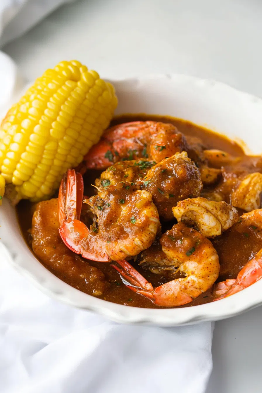 Bold red-orange sauce drizzled over freshly boiled seafood.