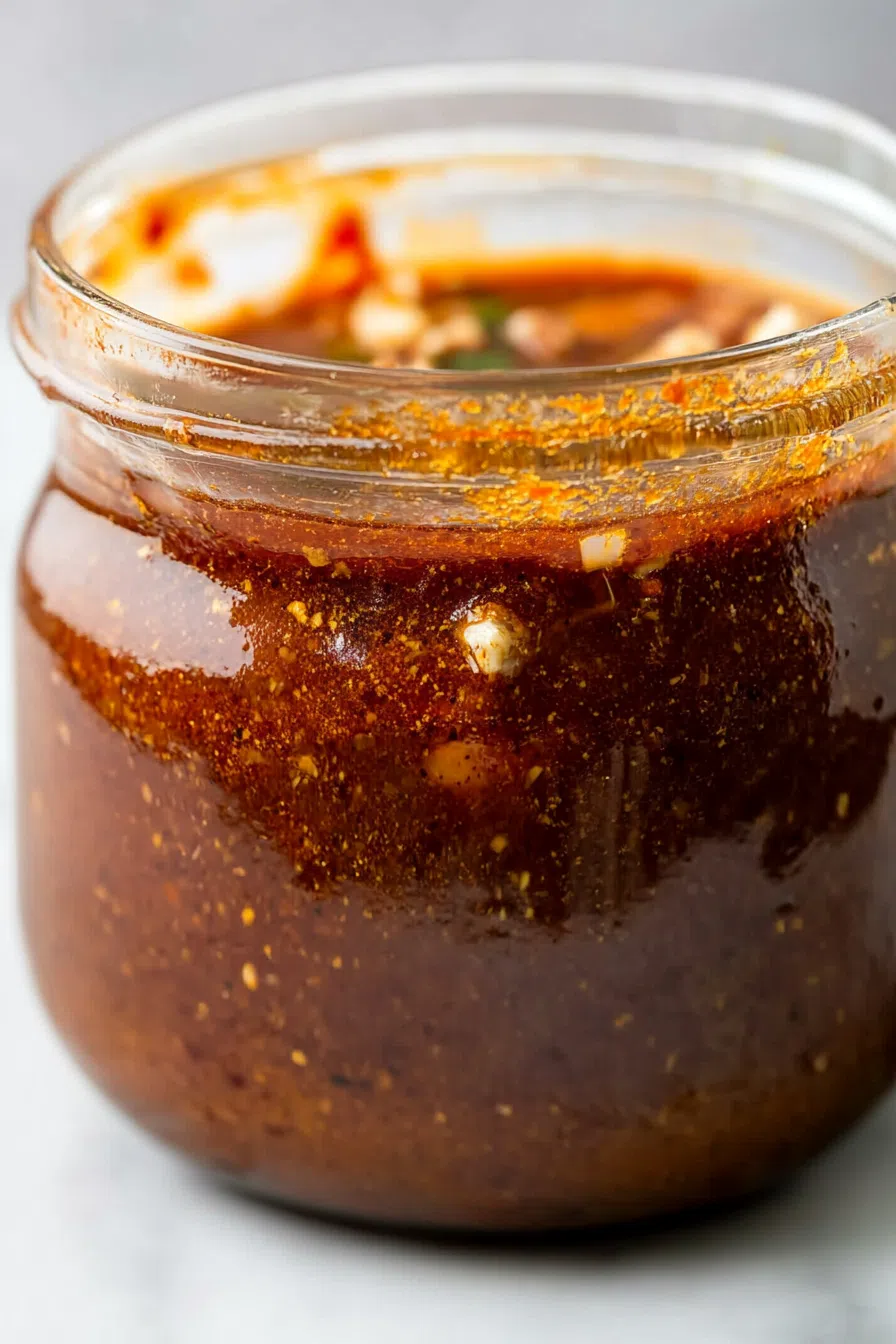 Close-up of the sauce showing its rich, red color and chunky texture.