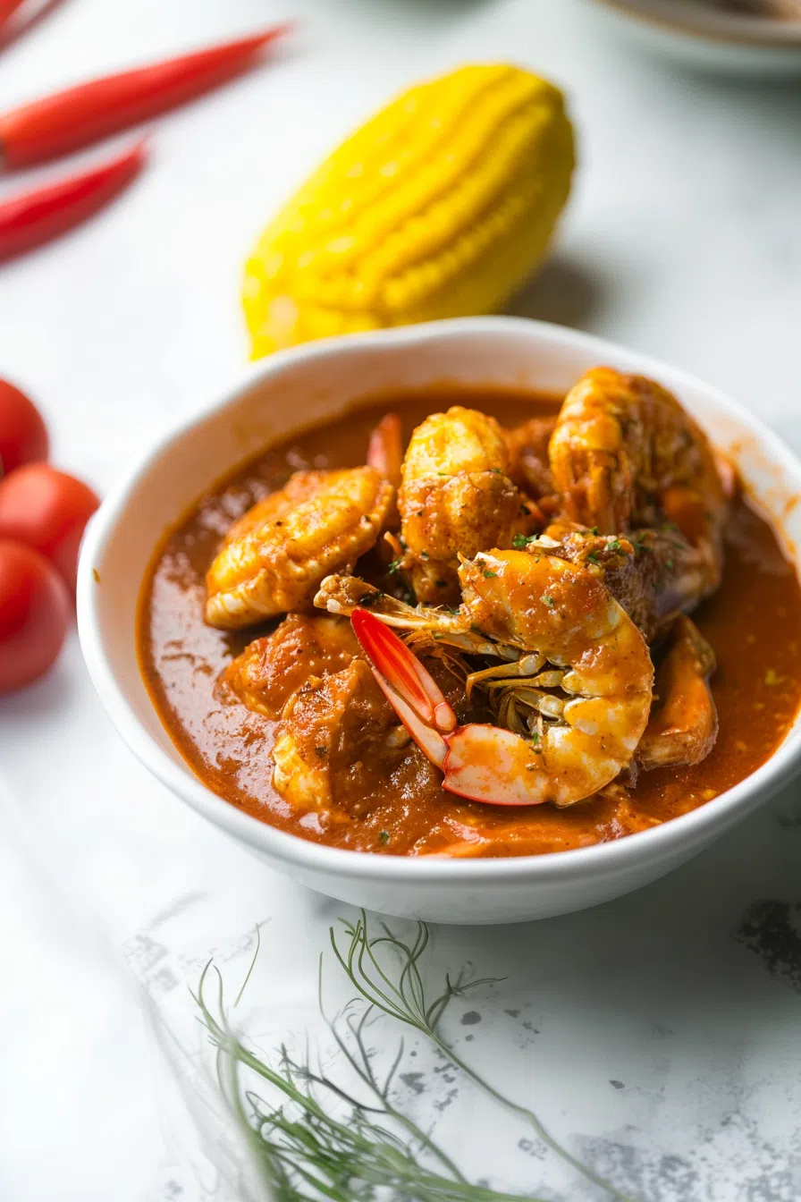 Freshly cooked seafood coated in a glistening, spiced sauce.