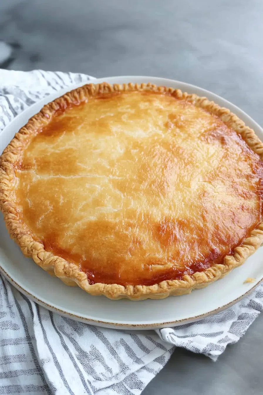 A golden, flaky pie crust filled with creamy coconut custard, served on a white plate.