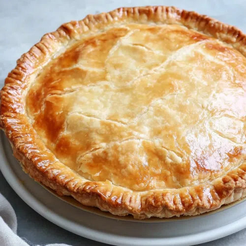 A whole pie with a golden-brown crust resting on a marble countertop.