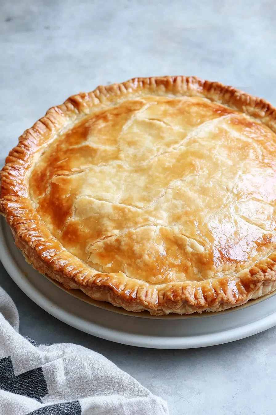 A whole pie with a golden-brown crust resting on a marble countertop.