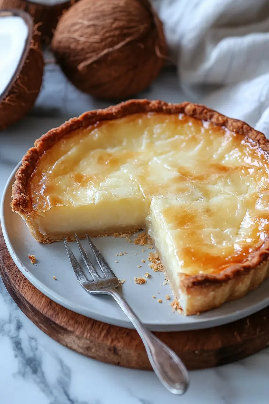 A close-up of a slice of coconut pie with a perfectly crisp crust and rich filling.