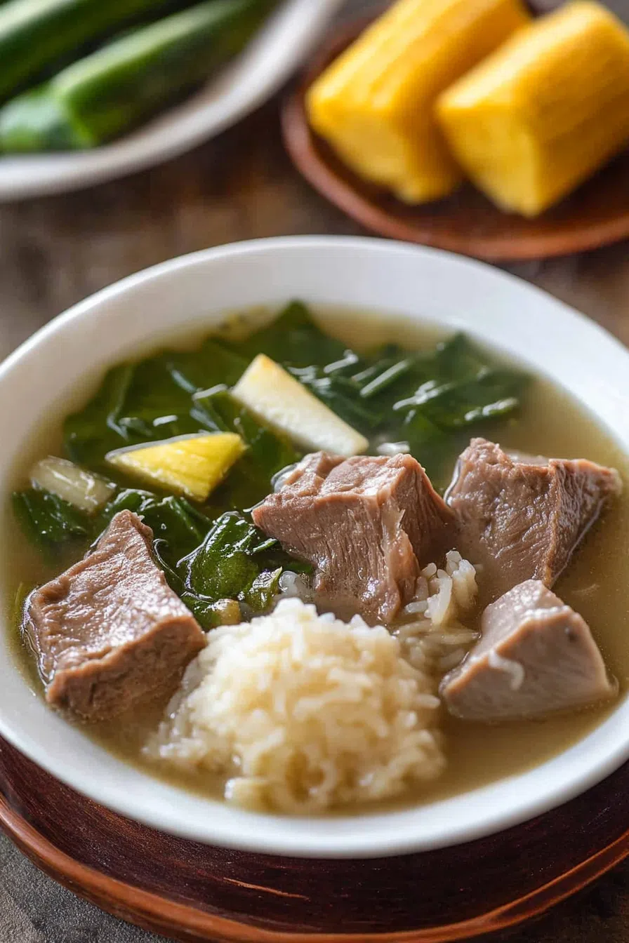 Close-up of a steaming bowl of soup with tender bone marrow and vegetables, garnished with green onions.