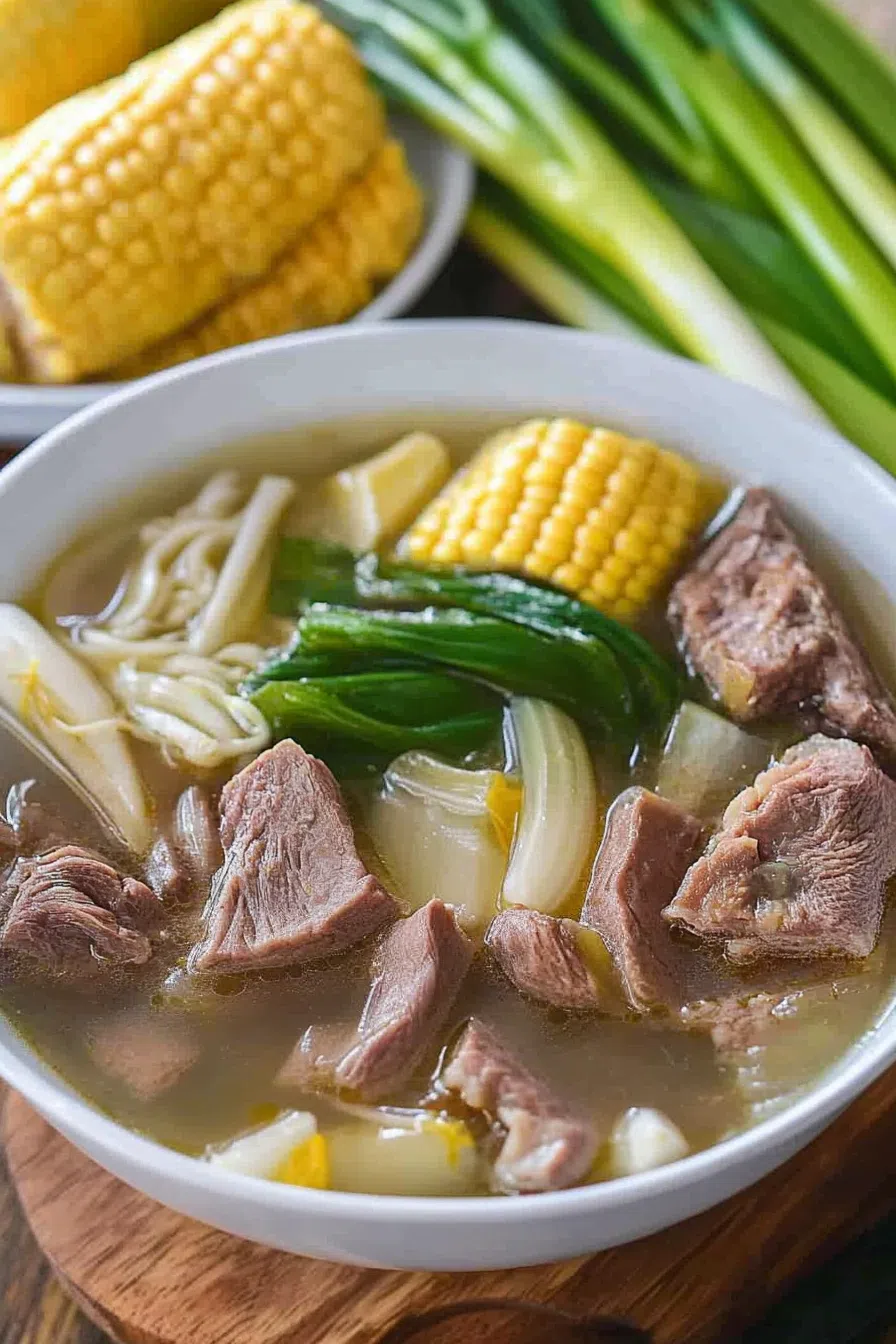 Overhead view of a hearty soup with beef shanks, corn on the cob, and leafy greens, served in a white bowl.