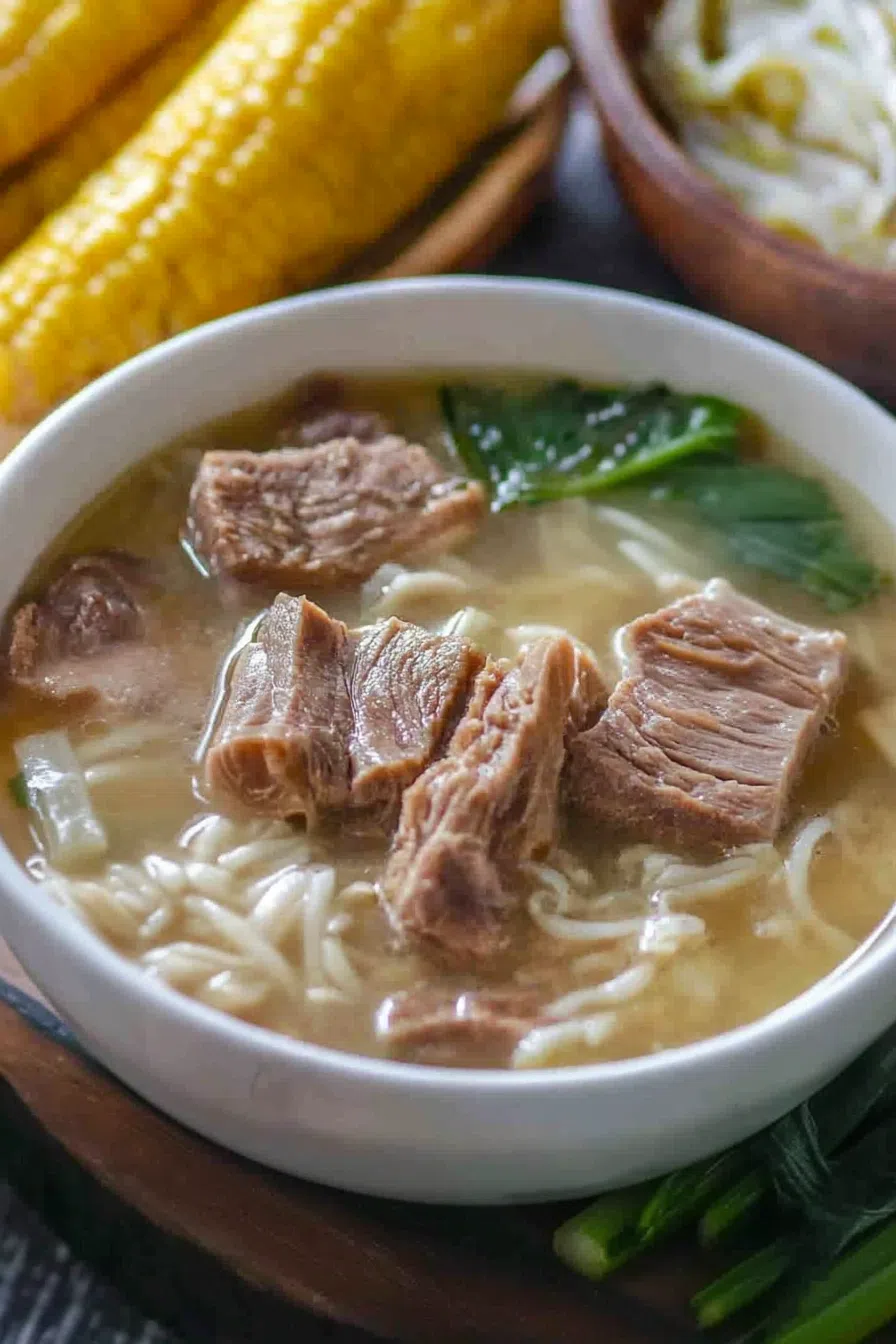Close-up of a bowl of bone marrow soup, showcasing the marrow, corn, and assorted vegetables, with a sprinkle of black pepper.