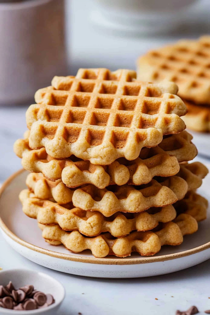 Close-up of golden butter waffle cookies stacked neatly on a plate.