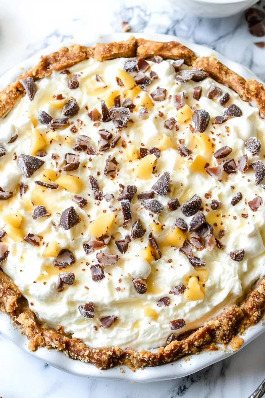 A close-up of a creamy Cannoli Pie topped with chocolate chips and candied orange zest, highlighting the rich filling.