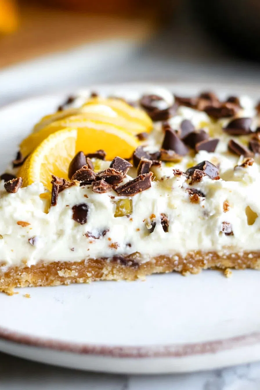 A sliced piece of Cannoli Pie on a plate, showcasing the buttery crust and creamy, chocolate-studded filling.