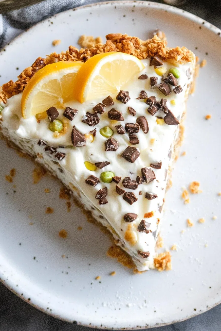 Overhead view of a whole Cannoli Pie, garnished with chocolate chunks and candied citrus for a festive finish.