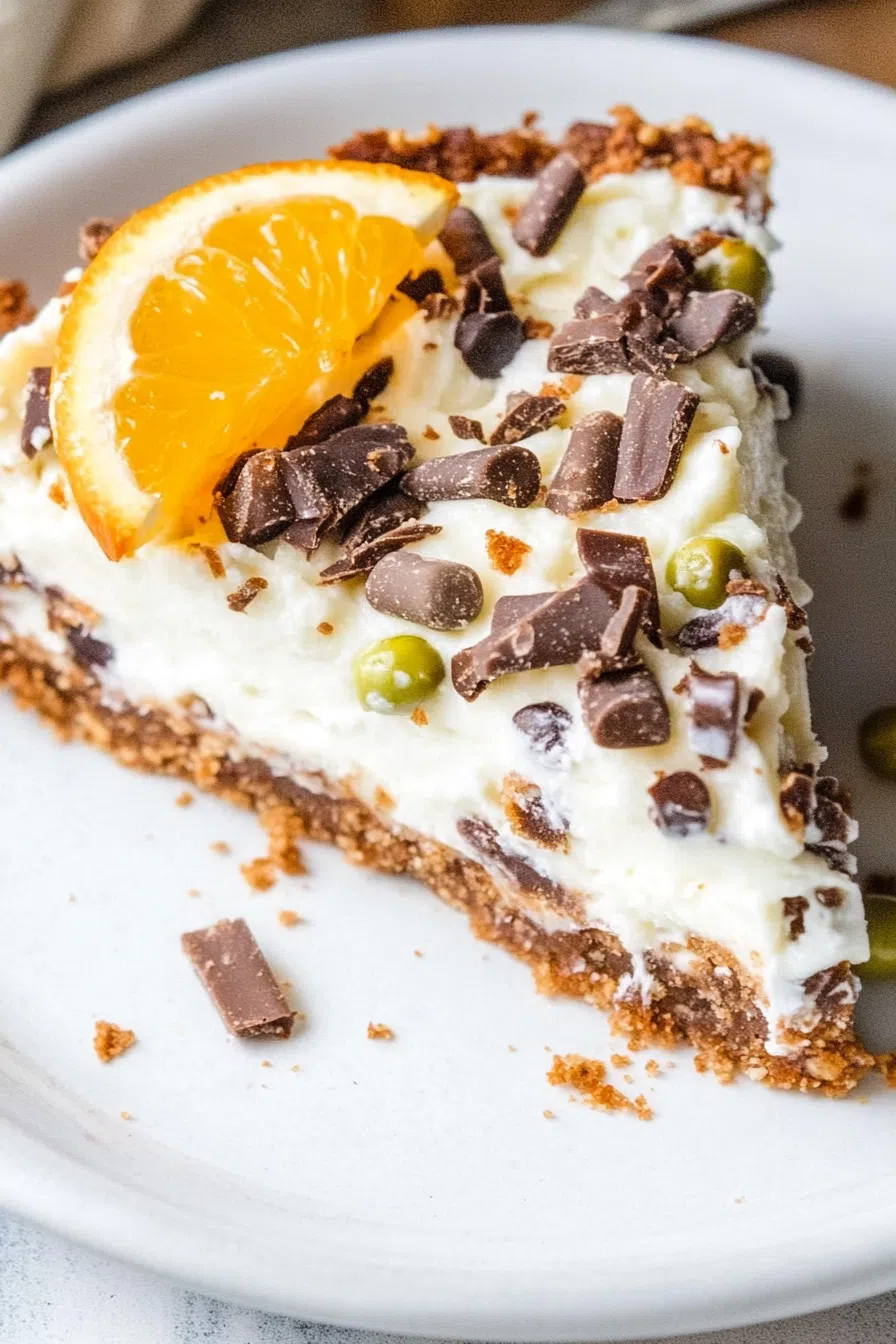 Cannoli Pie with a golden crust and smooth filling, sprinkled with chocolate chips and garnished with fresh orange slices.