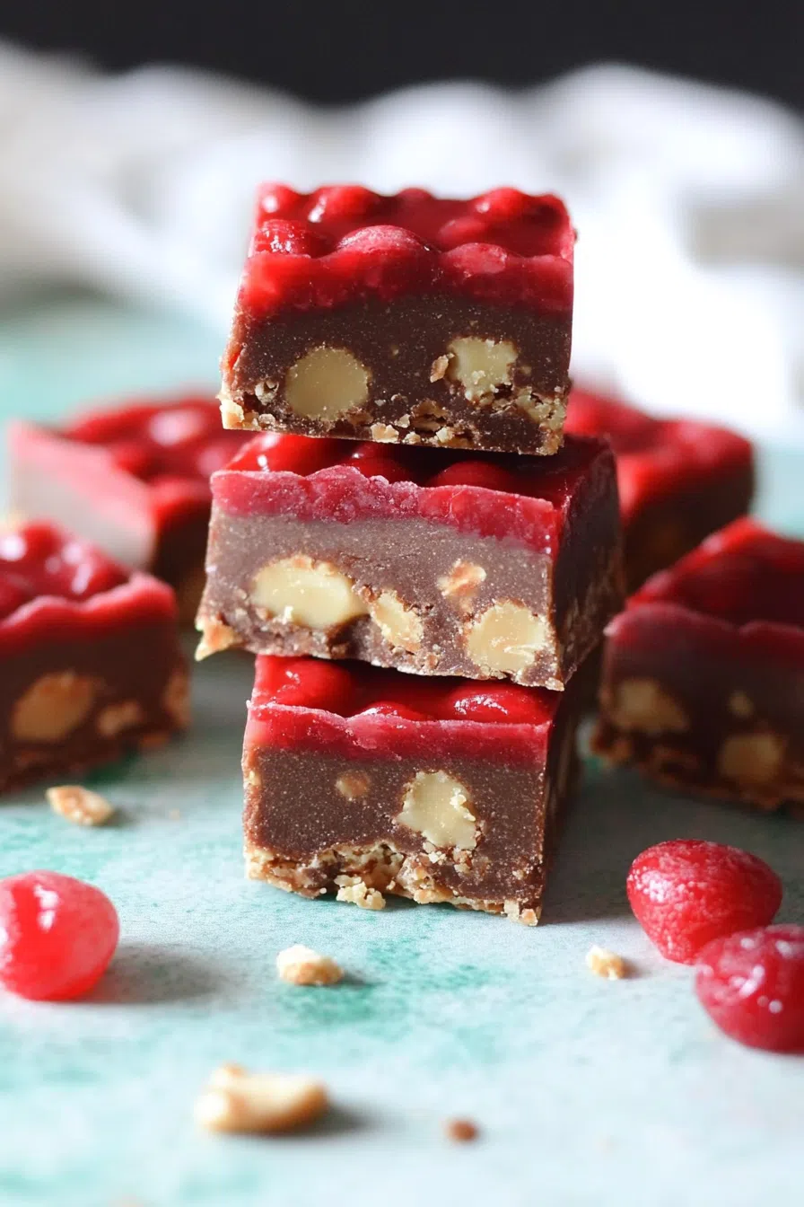 Neatly arranged homemade candy bars with a creamy cherry layer.