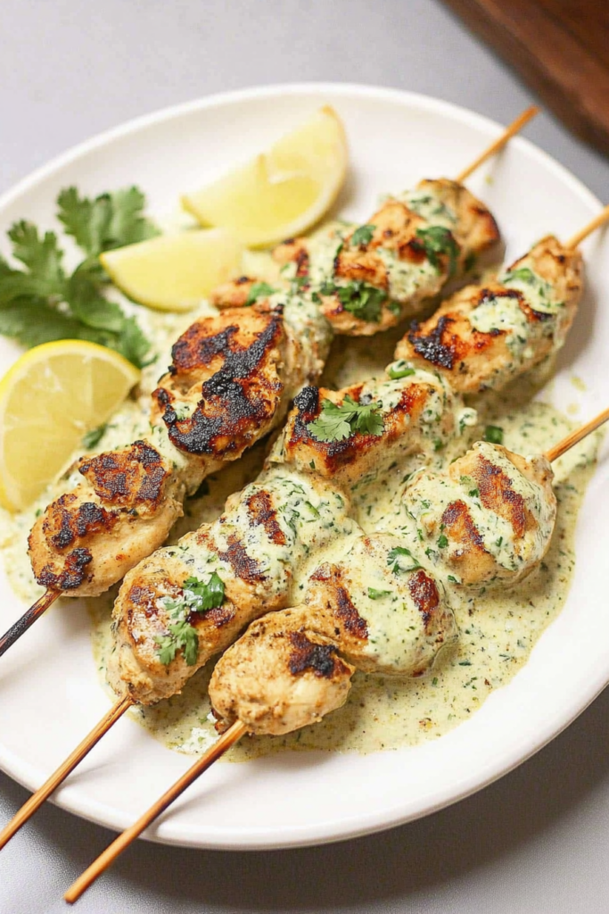 Skewers of grilled chicken malai tikka, garnished with fresh mint leaves.