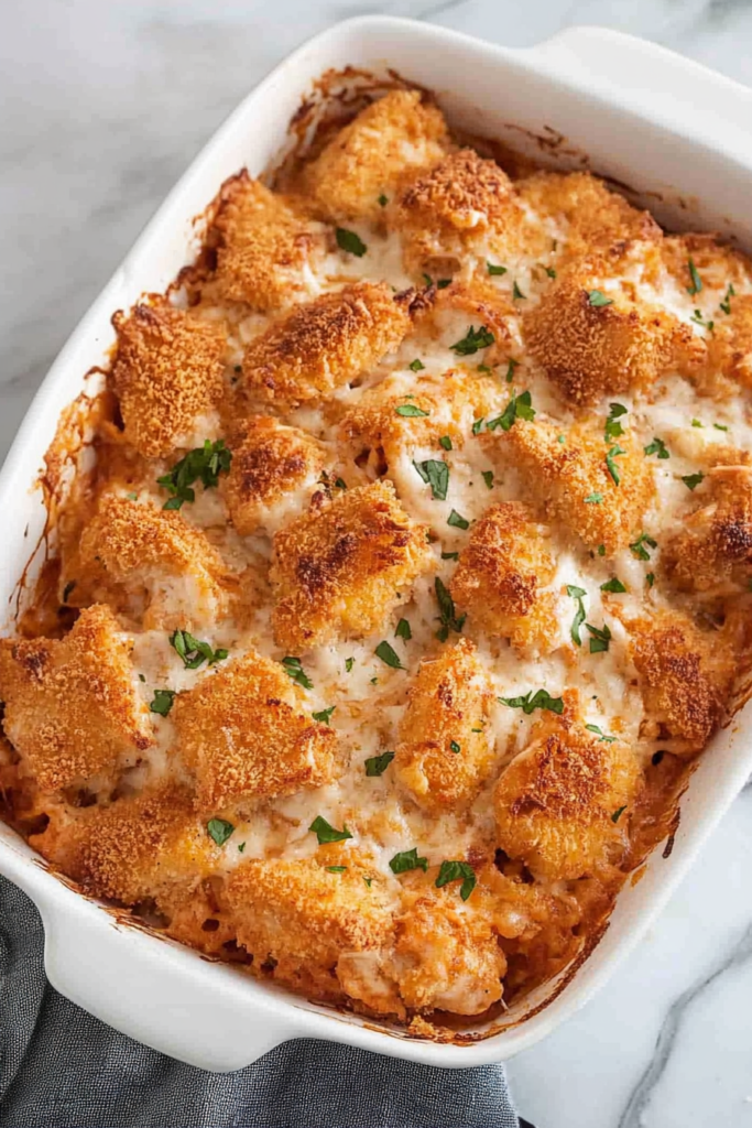 A beautifully baked Chicken Nugget Casserole in a baking dish, with crispy nuggets and a cheesy topping.