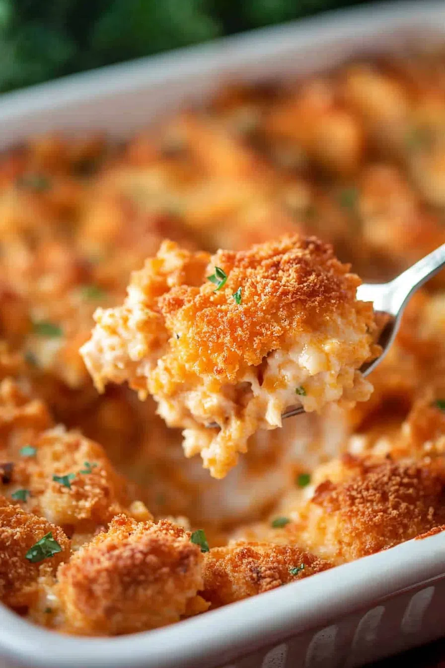A cheesy, golden-brown casserole topped with crispy chicken nuggets.