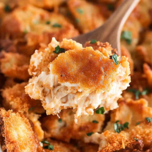 A scoop of Chicken Nugget Casserole, with golden-brown nuggets nestled in a creamy, bubbly sauce.